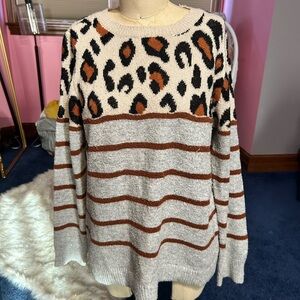 Chic Women's Sweater with Leopard and Stripe Design